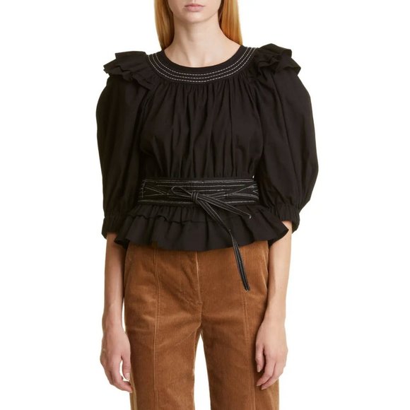 SEA NY Sibylle Puff Sleeve Cotton Peplum Top Sz XL - Picture 1 of 15